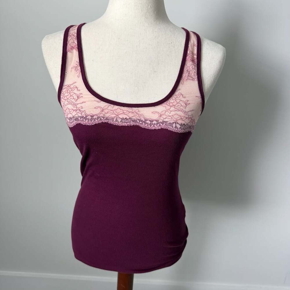 American Eagle Outfitters Lace Panel Ribbed Tank Top - Plum